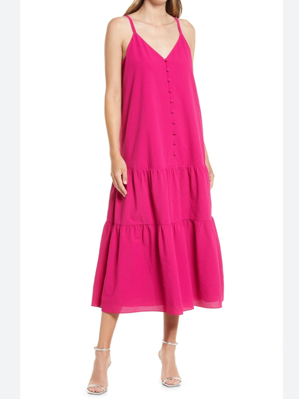 Ted Baker London Luaan Hot Pink Tiered Button-Front Midi Dress Size: 4